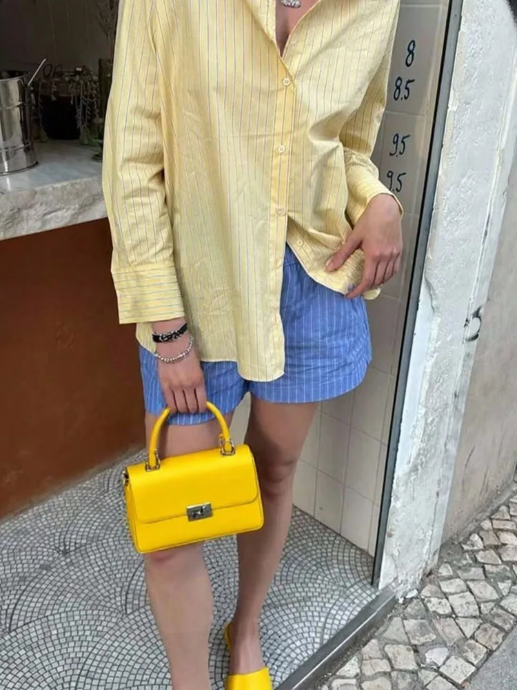 Hh 2025 elegante feminino amarelo listrado solto camisa feminina lapela mangas compridas botões blusas longas verão praia estilo topos