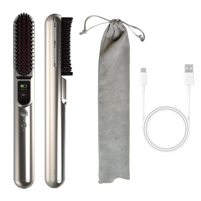 Portable Wireless Ionic Hair/Beard Straightener Brush Quick Heating Electric Comb for Men Women Nylon Material Battery Powered