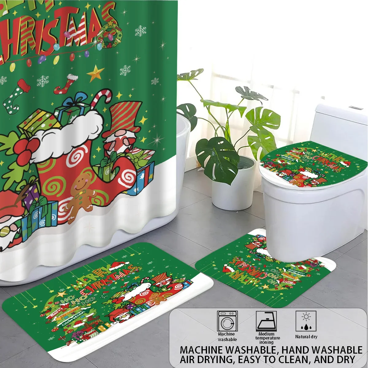 4pcs green cartoon Christmas tree print bathroom set 180x180 waterproof shower curtain floor mat toilet mat U-shaped pad