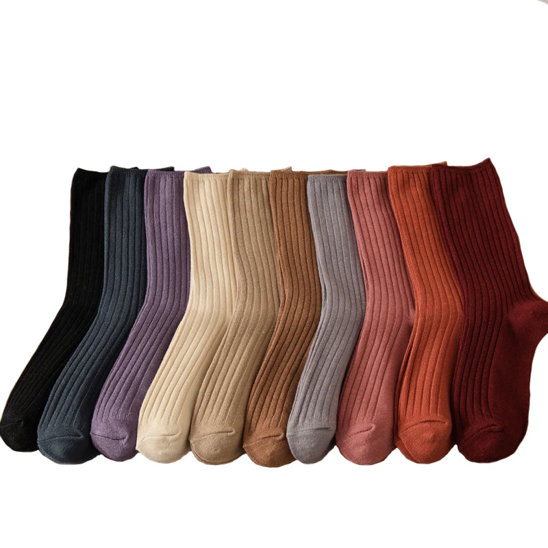 3 Pairs Lot Socks Sets Women Solid Color Elegant Retro Long Cotton Women Socks Breathable Japanese Style Casual Cotton Long Sock