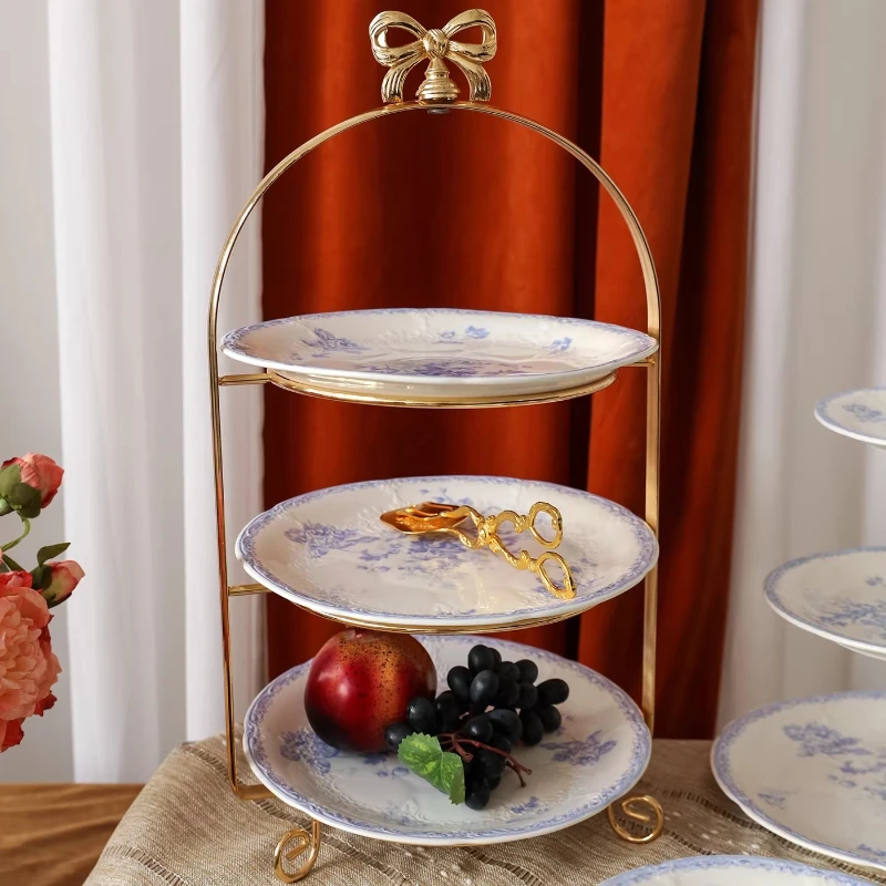 European Embossed Cake Plate Ivory porcelain Three-layer Skewer Plate Metal Bracket Home Fruit Snack Platter Party Dessert Plate