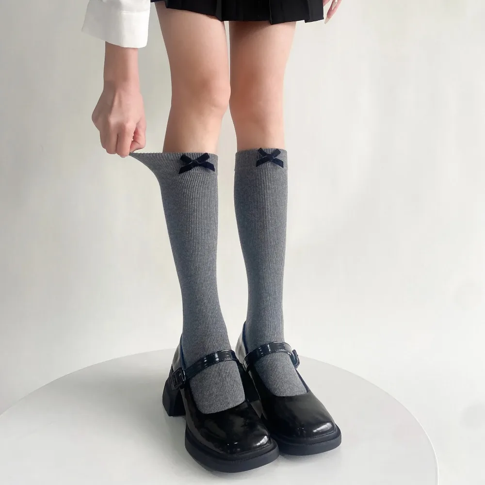 Women Velvet Bow Stockings Kawaii Knee Socks School Long Socks Stockings JK Lolita for Sweet Girl Black White Gray College Style