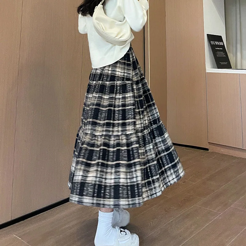 Vintage Midi Skirts Women Autumn Winter High Waist Wool Plaid Skirts for Women Casual Clothing Female Pleated Skirts Streetwear