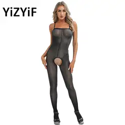 Sexy Womens Lingerie Exotic Glossy Jumpsuit Sheer Crotchless Full Body Stocking Ultra Thin Shoulder Strap Open Crotch Nightwear