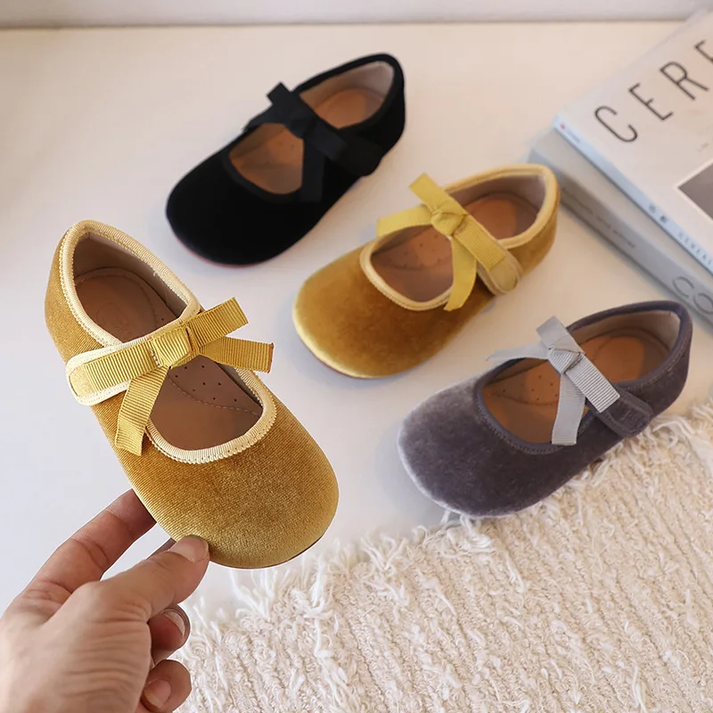 

New Spring Children Casual Shoes Golden Velvet Sweet Bow Ballet Shoes for Baby Girls Autumn Fashion Mary Jane Kids Flat Shoes