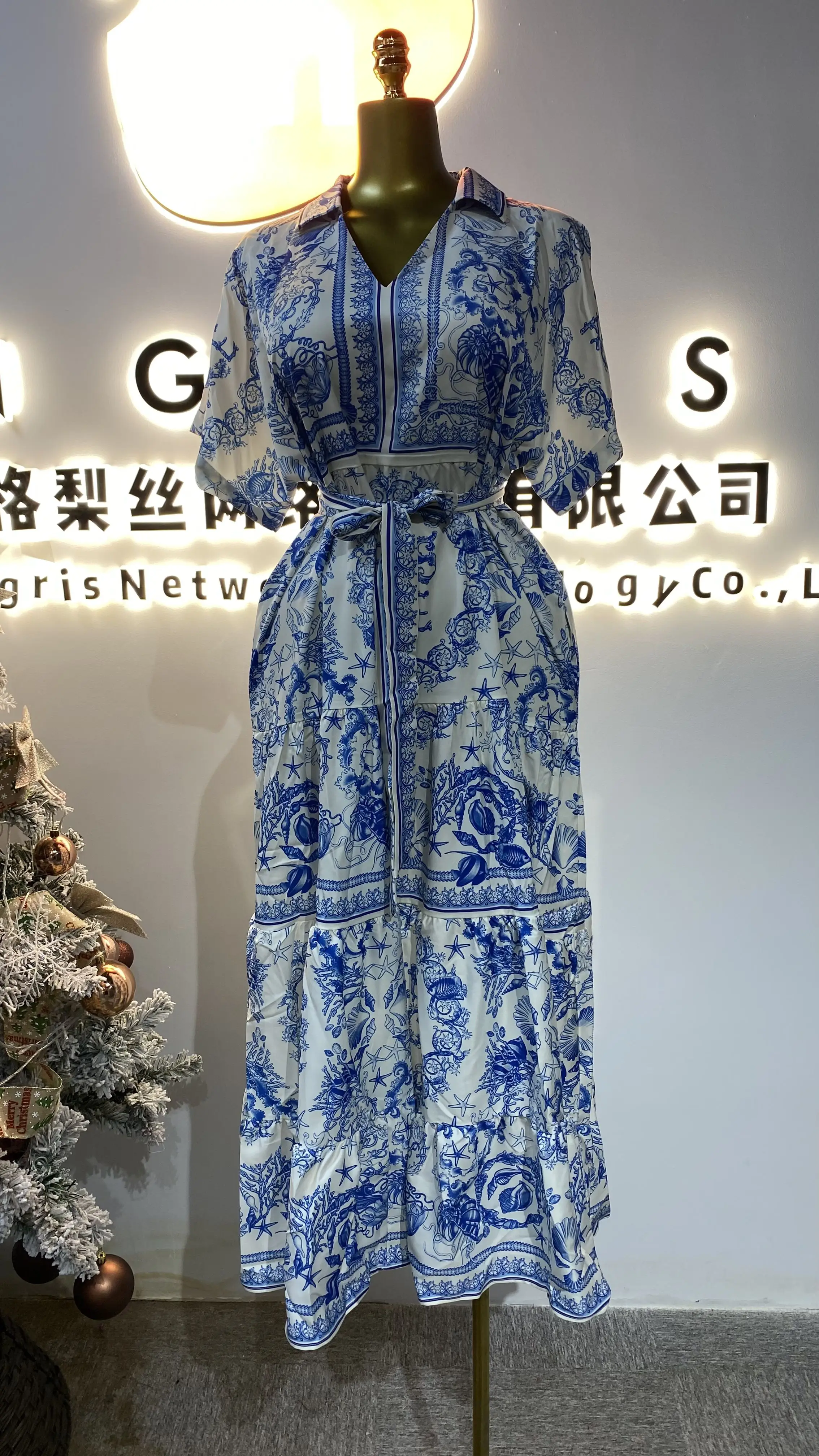 

Summer Vintage Tunic Tops Pleated Women Lantern Sleeves Empire Print Lace Dress-GZMM295