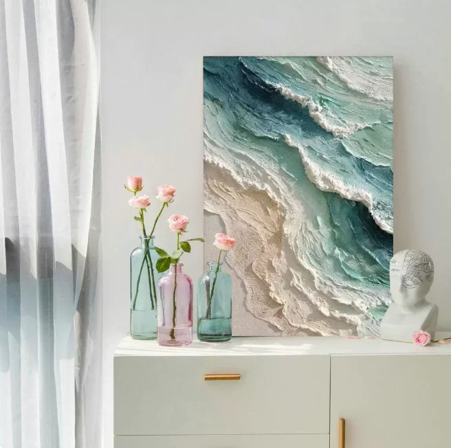 #Hand-Painted Wave Quartz Sand Texture Painting Modern Design Canvas Handmade Art Mural for Living Room Bedroom Porch