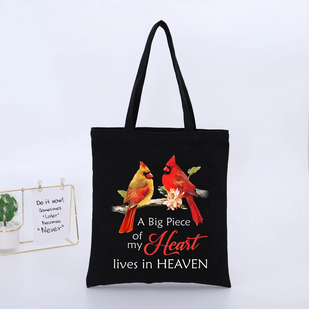 Cardinal Bird and Flower Print Canvas Tote Bag with Typography Design, Perfect for Casual Daily Use and Memorial Occasions