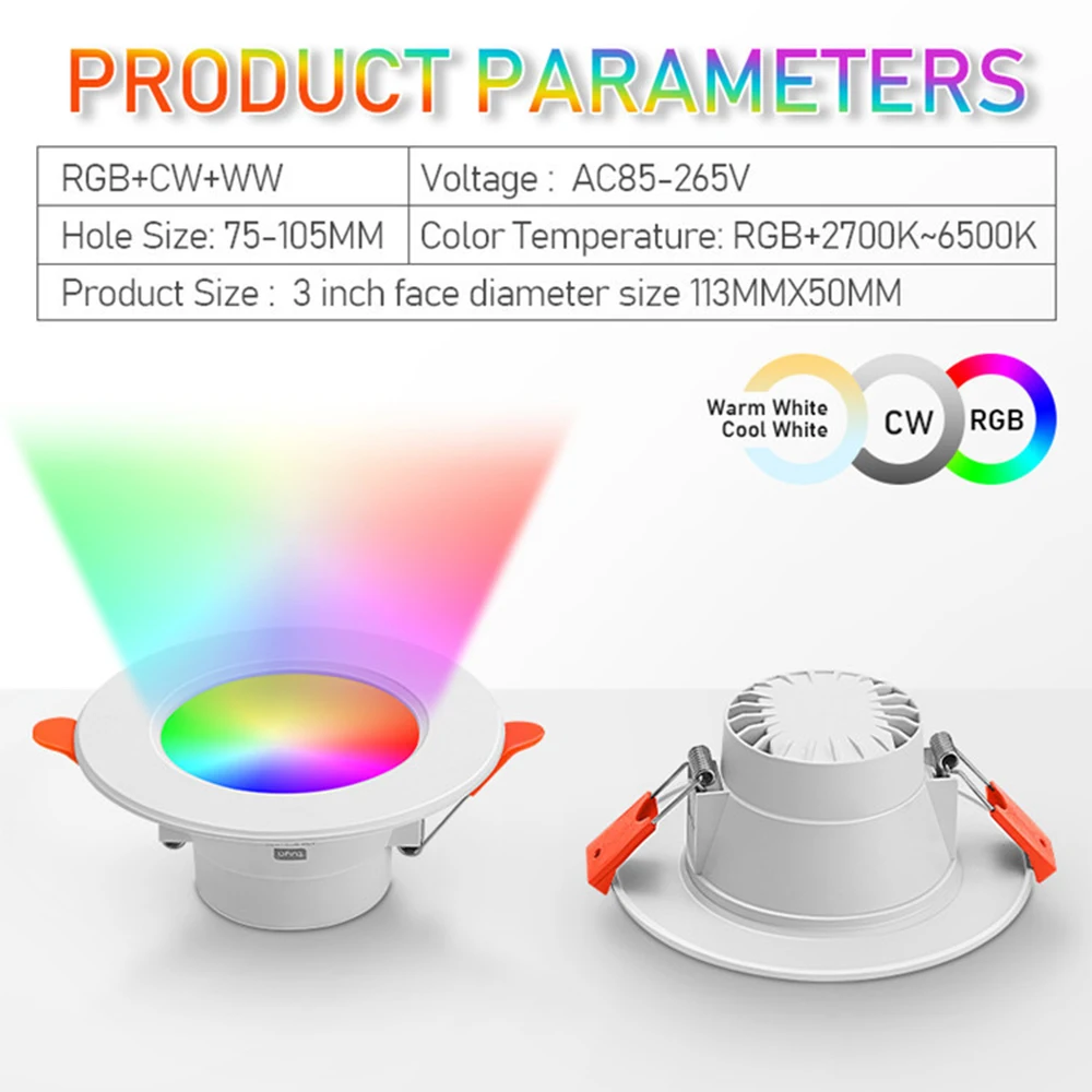 Tuya Bluetooth LED Downlight 10W RGB Full Color Changing Dimmable Ceiling Light Smart Life APP Remote Control AC85-265V