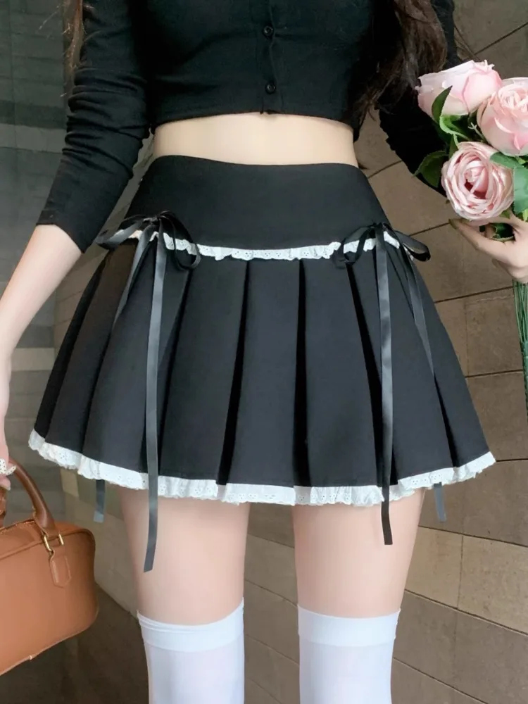 Kimotimo Sweet Bow Lace Up Pleated Short Skirt Women High Waist Slim A-line Y2k Clothes Summer Sexy Spicy Girl All Match Skirts