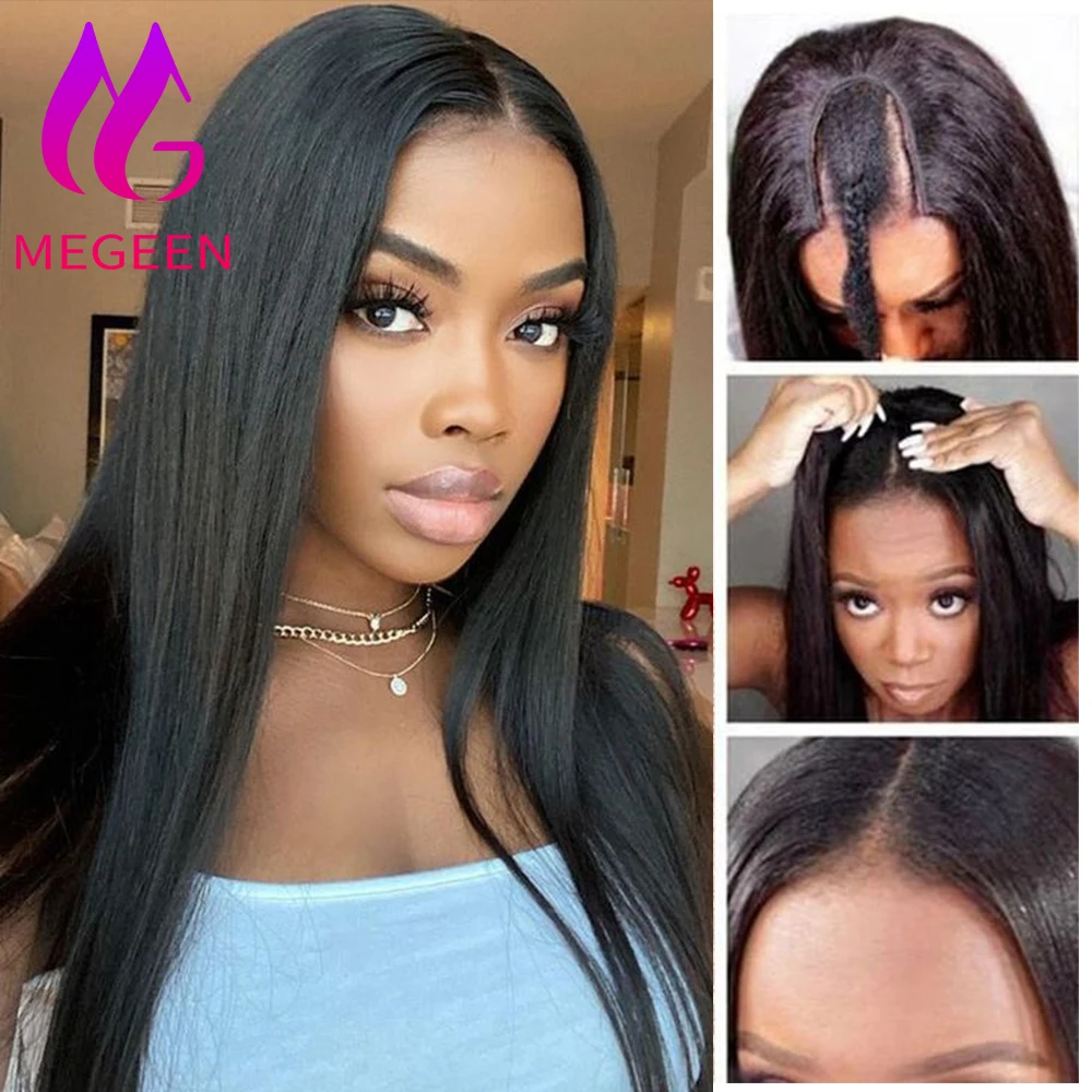 Megeen No Sew In Upgrade U Part Wigs Straight Human Hair Machine Wigs Brazilian Virgin Hair For Women Small Leave Out 18-30 Inch