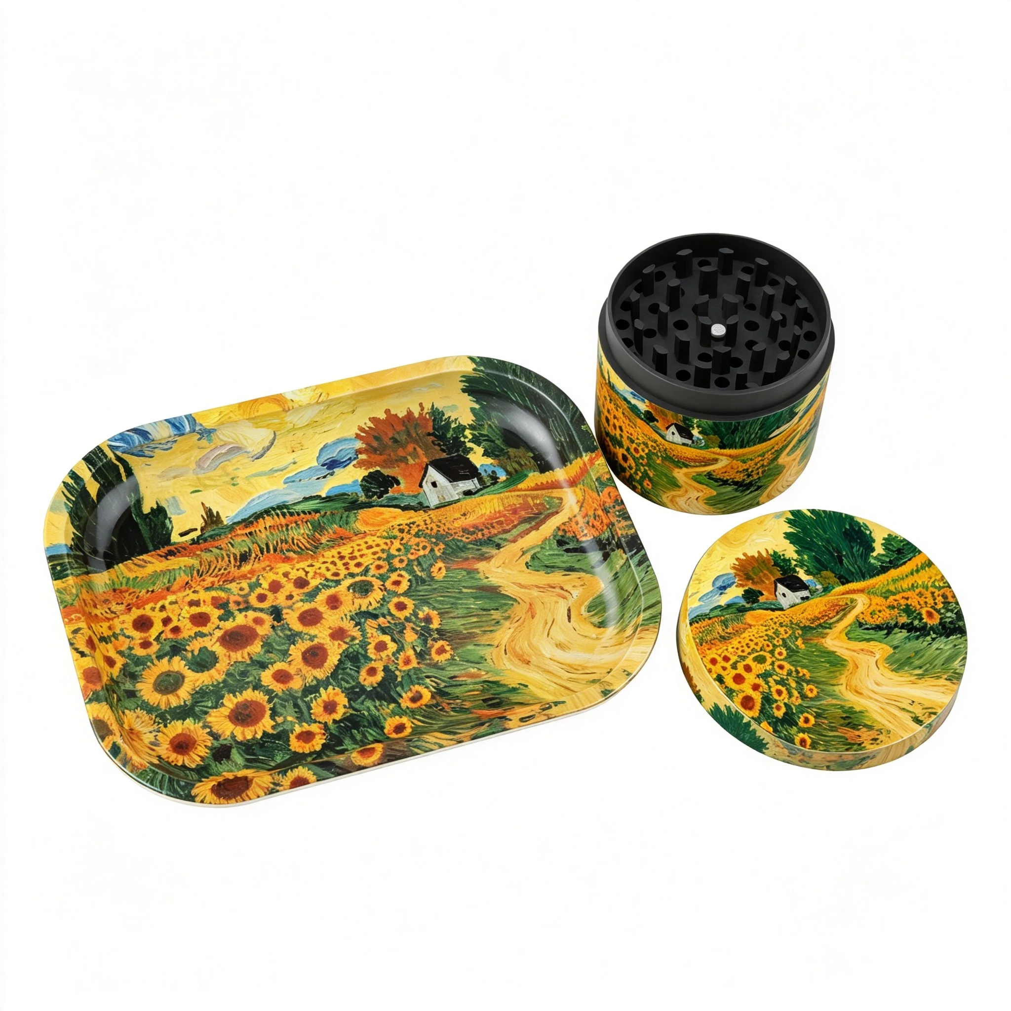 1/2 Pieces Sunflower Field Rolling Tray & Grinder Set - Premium Metal Herb Grinder with Decorative Tray for Smoking & Home Decor