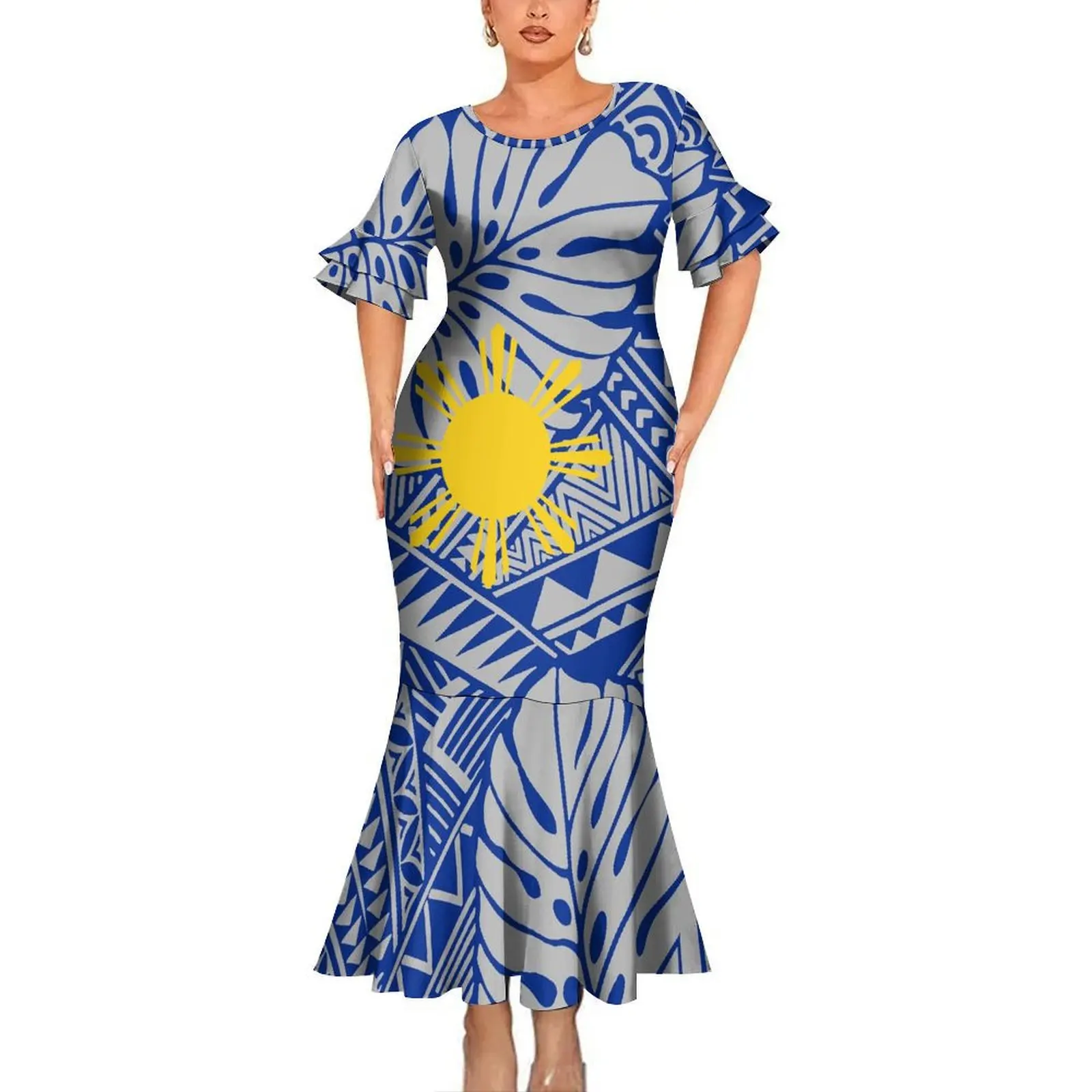 

Polynesian Woman Dress Round Neck Slim Fishtail Dress Philippine Nationality Tribal Temperament Dress Sun Flower Long Dress
