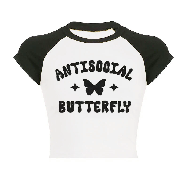 

2024 new butterfly pattern hip-hop street blouse hip-hop retro Japanese and Korean girl sexy blouse Y2K top printing