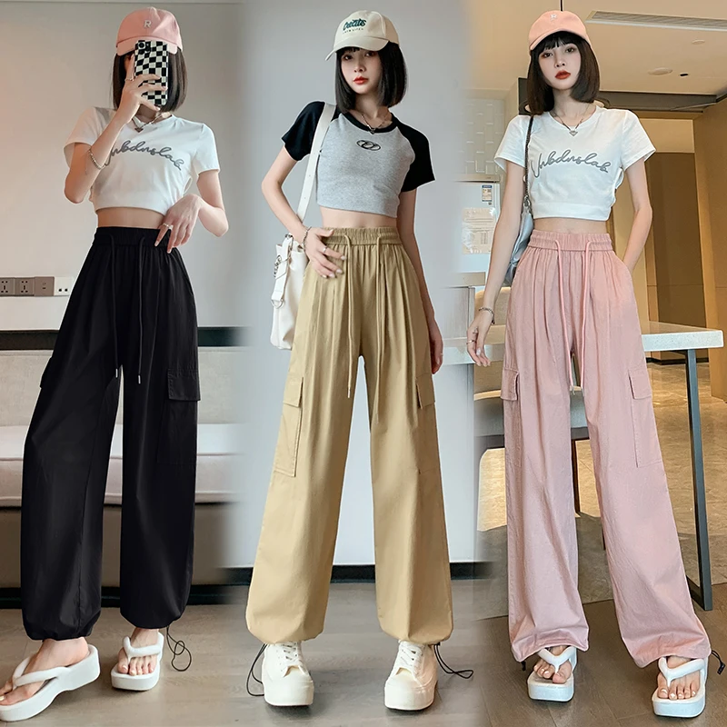 

2023 New Arrival Summer Korean Style Women Pockets Patchwork Ankle-length Pants Casual Loose Elastic Waist Straight Pants V641