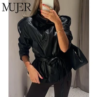 MUJER gabardina negra para mujer, chaqueta recortada de piel sintética, novedad en abrigos para exteriores, cortavientos para mujer, prendas de vestir exteriores de moda
