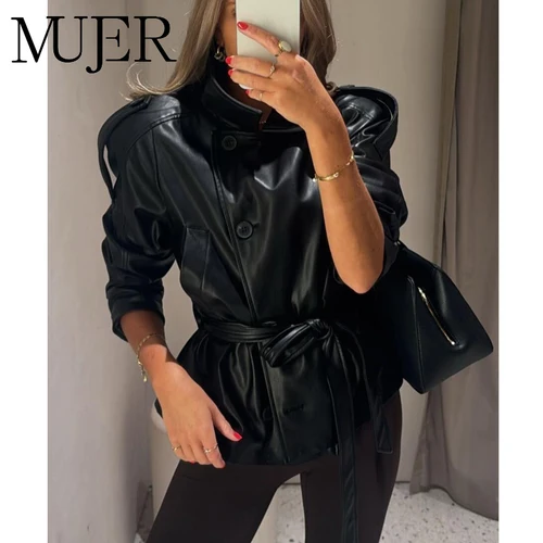 MUJER gabardina negra para mujer, chaqueta recortada de piel sintética, novedad en abrigos para exteriores, cortavientos para mujer, prendas de vestir exteriores de moda