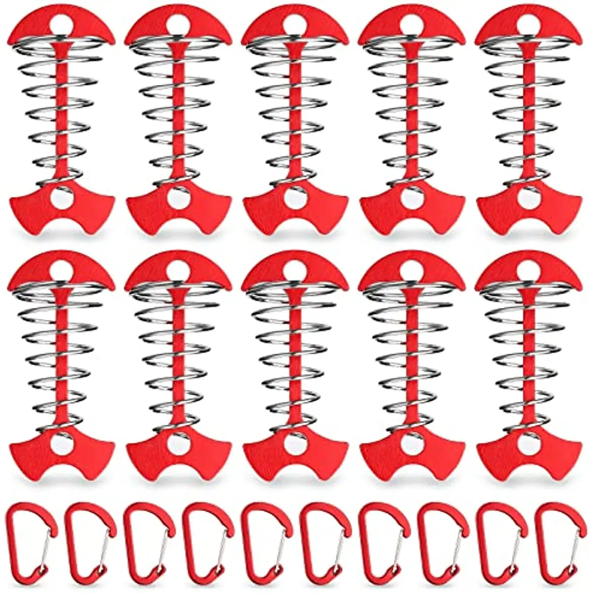 10PCS Red Deck Anchor Pegs with Carabiners Windproof Aluminum Tent Nail Spring Tent Stakes for Outdoor Camping Tent Anchors