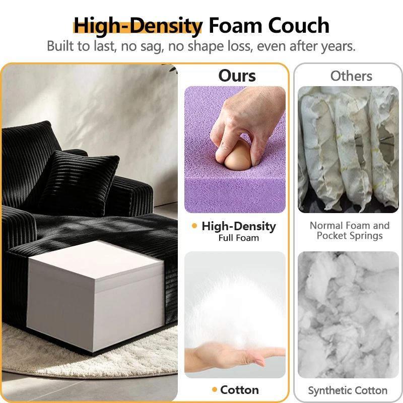 65-Inch Oversized Boneless Lounge Chaise Recliner - Corduroy Sofa with Pillows And Armrests | Deep-Seat with High-Density Foam Cushion | U-Shaped Folding Sofa Bed for Living Room, Apartment, Bedroom | No Assembly Required