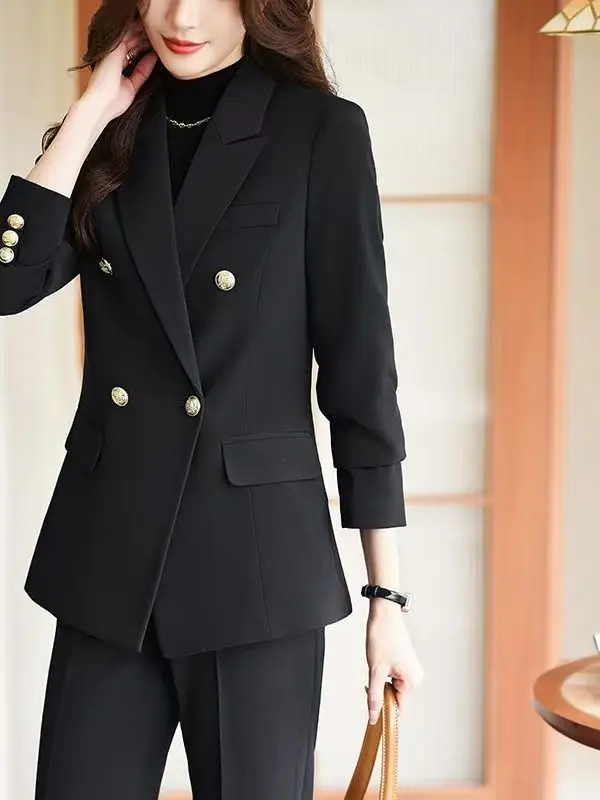 

Professional Black Suit Set Autumn Spring Fashionable Workwear Uniform High Waist Pants Button up Blouse Knot