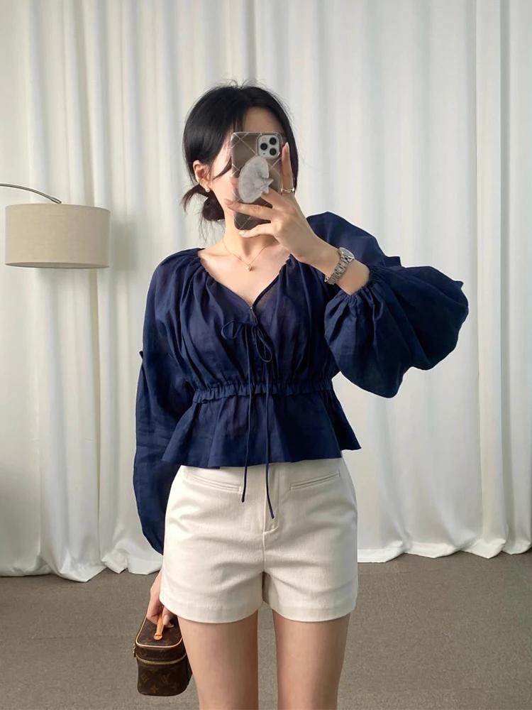 

Gagarich Gentle Style V-neck Drawstring Waistband Bubble Sleeve Shirt Women Summer New Style Niche Versatile Solid Color Top