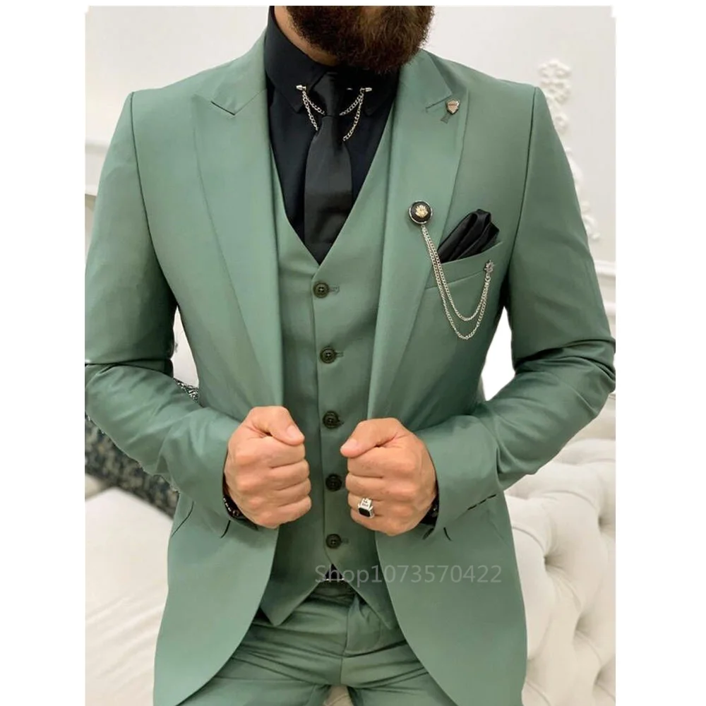 Mocha Green Men\'s Suits One Button Slim Fit 3 Pieces Wedding Prom Party Suit Jacket Vest Trousers Formal Tuxeods for Business