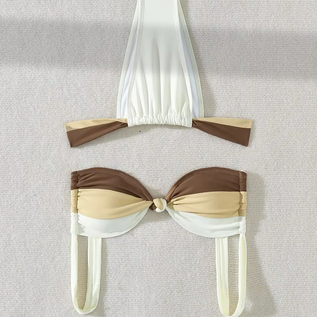

Sexy Beige Contrast Bikini Set 2025 Women Front Tie Pleate Push Up Micro Swimsuit Brazilian Summer Bathing Suit Thong Swimwear