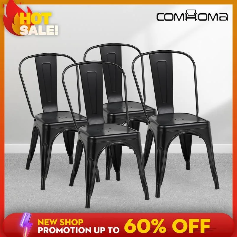 Metal Dining Chair Industrial Modern Iron Stackable Bistro Chair Set of 4, Black