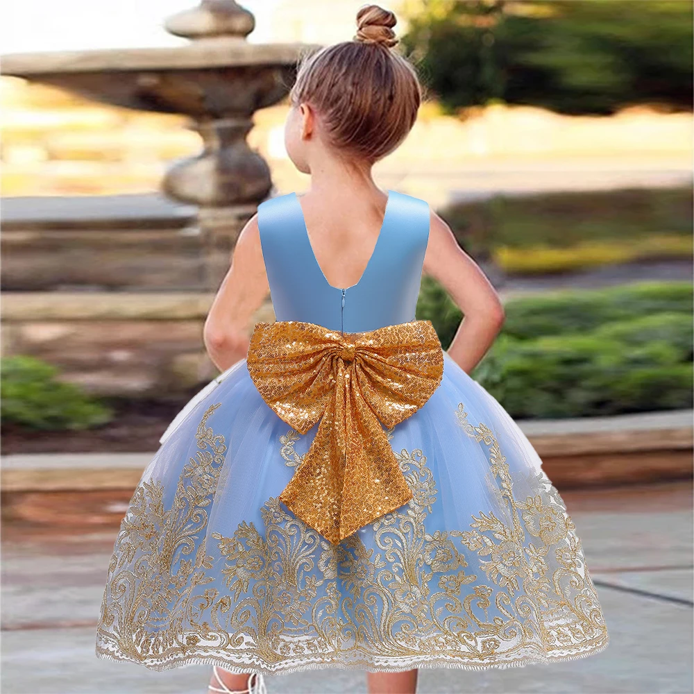 Vintage Girls Big Bow Wedding Bridesmaid Party Dress Kids Flower Embroidery Fashion Dresses Young Girl V-neck Clothes New Wear