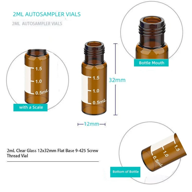 100 Pack 2Ml HPLC Vials 9-425 Lab Amber Vials With Write-On Spot And Graduations,Screw Cap Amber