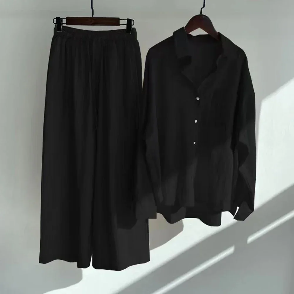 2 Pcs/Set Chic-Shirt Set Women Tops Pants Set Solid Color Women Outfit Set Breathable High Waist Women Outfit Set Drawstring