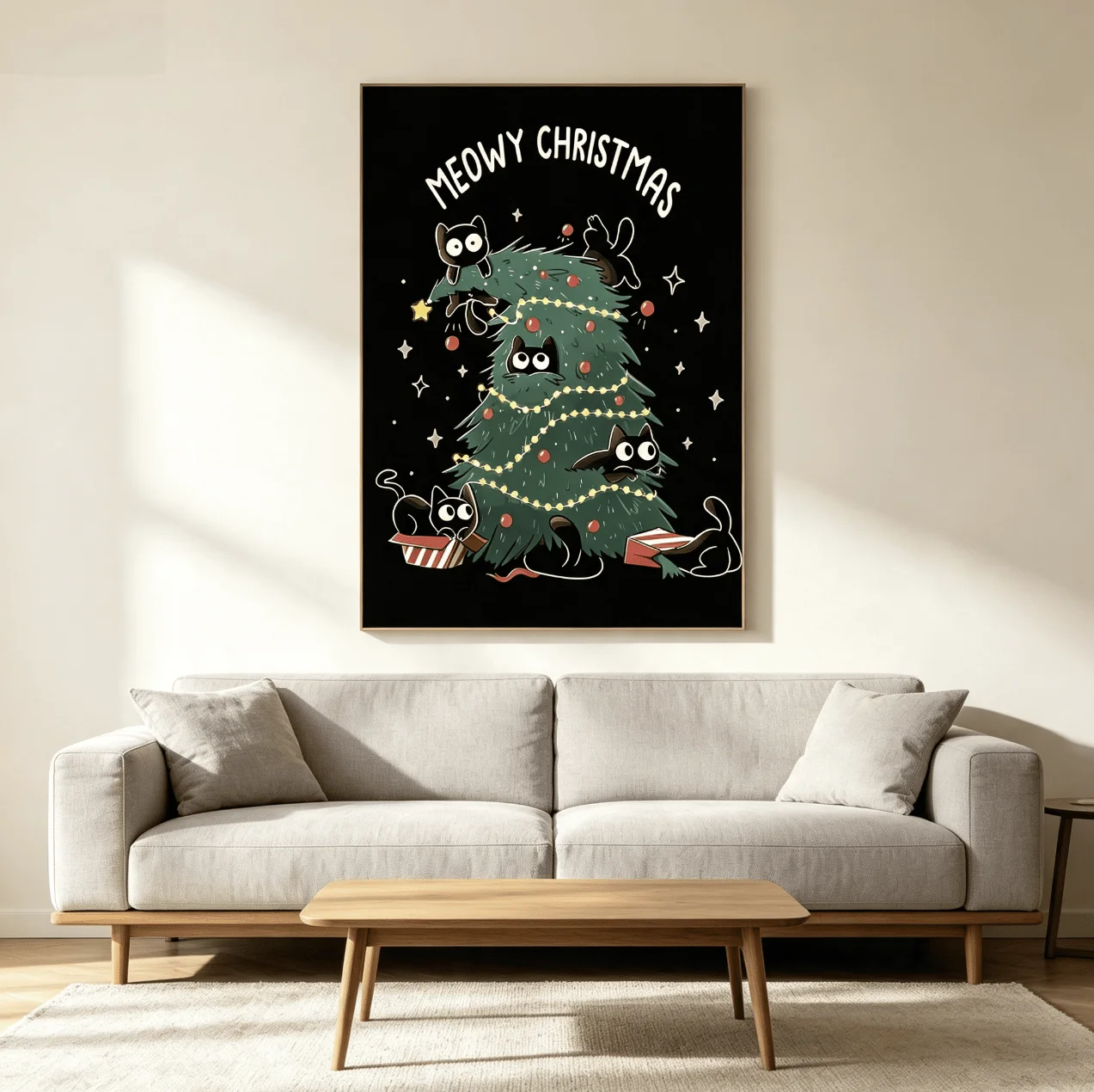 Meowy Christmas Black Cats Christmas Tree Wall Art Canvas Prints Posters, Cute Cartoon Kitten, Holiday Living Room Home Decor