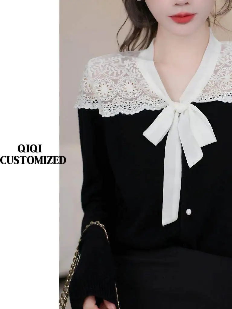 

Lace Splicing Hollow out Women's Spring Cardigan Sweet New Sle Knot Belted Open Knitted Top Korean Sle Regular Fit