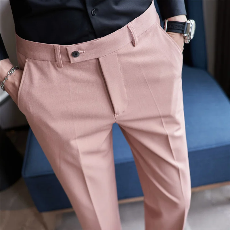 

Men's Fashion Suit Pants Pink Blue Stretch Slim Fit Business Casual Long Trousers Korean Style Quality Handsome for Man