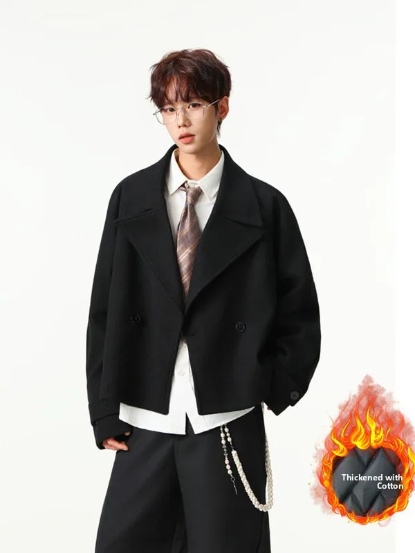 

Thiened ort Woolen Jaet Double Breasted Men's Suit Collar Loose Winter Outerwear Bla Jaet Warm Cozy Faionable