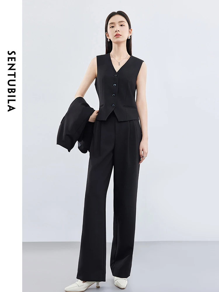 SENTUBILA 3 Piece Spring Blazer Suit Women Office Wear Outfits 2024 Fashion Black Waistcoat Blazer Wide Leg Pant Set 141Z53019