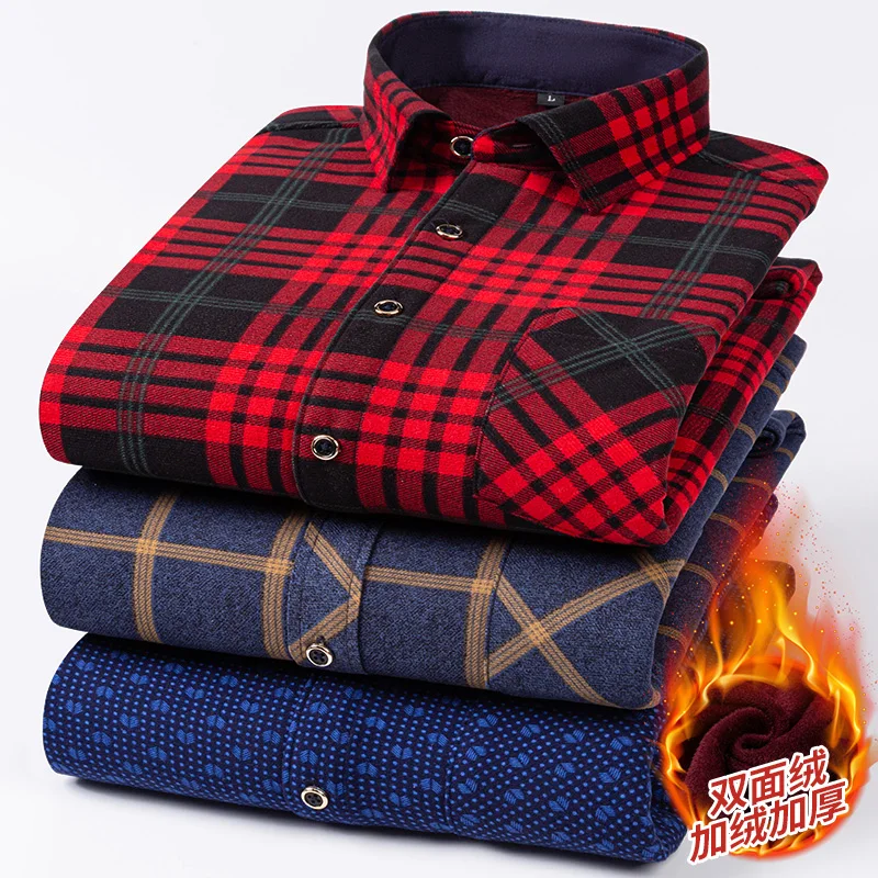 Men\'s long-sleeved shirt plus fleece thickening business casual autumn and winter plaid comfortable trend everything soft top