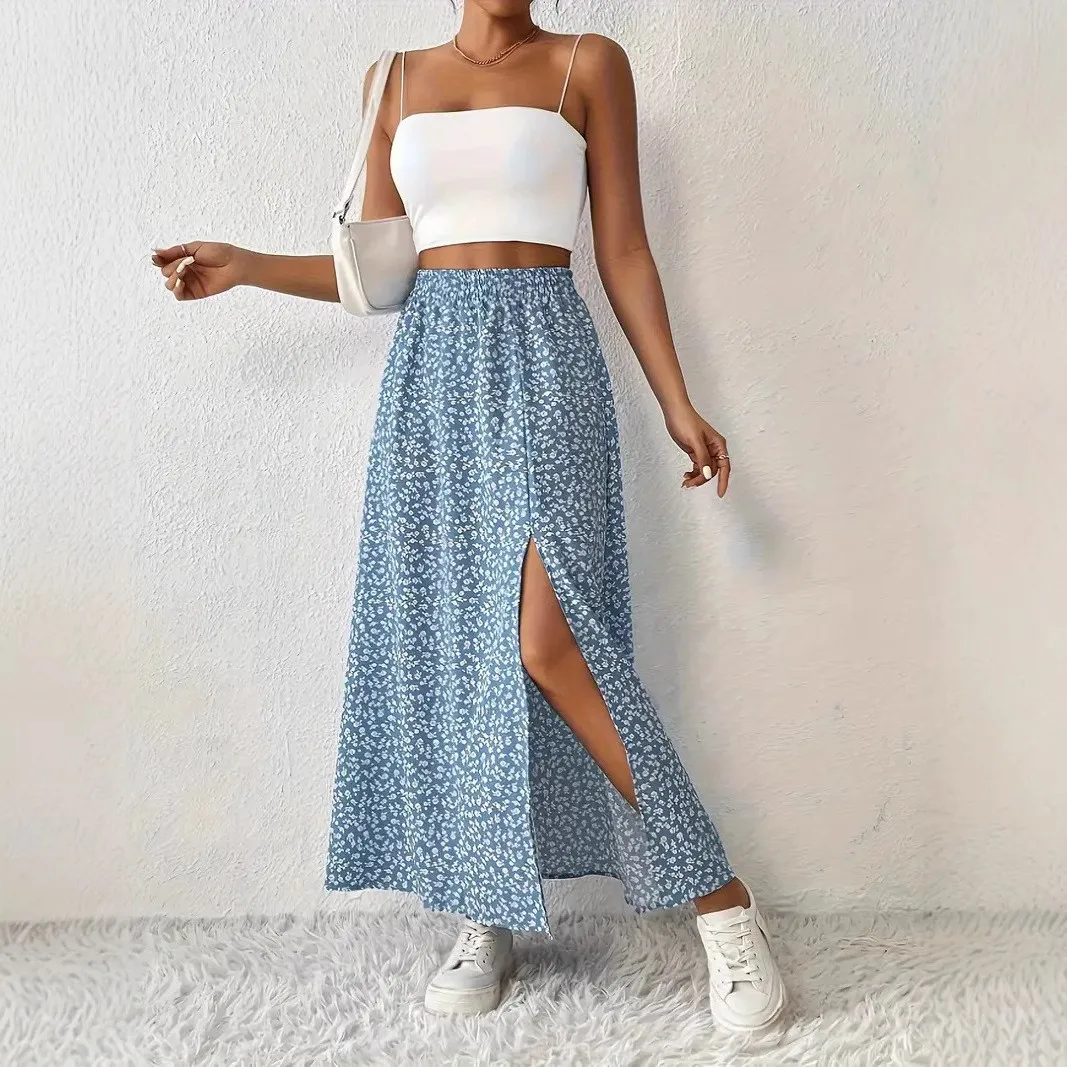 Slit Skirts Floral Print a Line Elegant with Printed Graceful Commuting Graceful Elegant Dyed No Stretch Midi Women Skirt