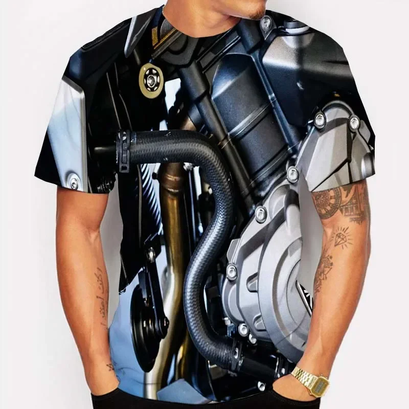 

Summer Fashion Men Motorcycle Mechanic Engine 3D Print T-shirt Gothic Retro Oversized T Shirt Harajuku Round Neck Short Sleeve