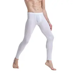 CLEVER-MENMODE Sheer Men's Ice Silk Long Johns Pants Elastic Underwear Thin Nightwear Translucent Pajamas Bottoms Thermal Pants