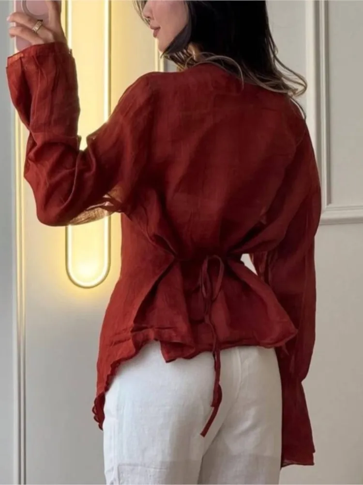 

Spring Fashion Chic Button Irregular Lace-up Shirts New Elegant V-neck Cotton Linen Blouse Women's Casual Long Sleeve Solid Tops