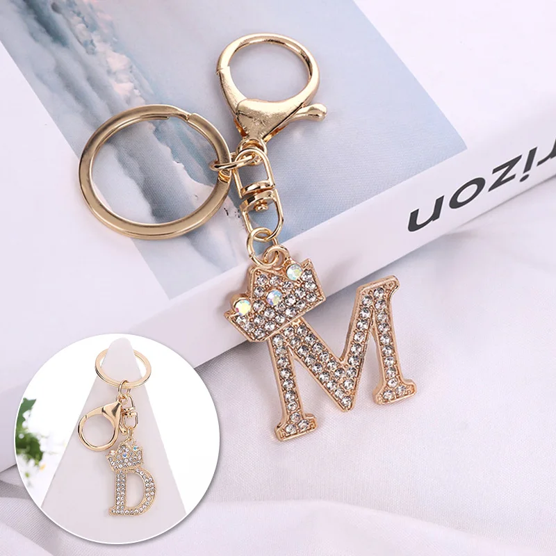 26 Letter Crown Keychain For Women Metal Rhinestone Keyring Initial Letter Charms Pendants Car Key Chain Rings Bag Accessoreis