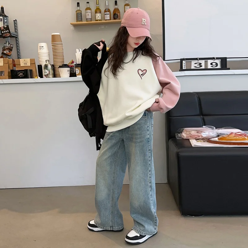 New Korean Children Patchwork Sweatshirts with Heart For Girls Spring Clothing Outerwear Kids Cotton Long Sleeve Pullover Tops - Image 5