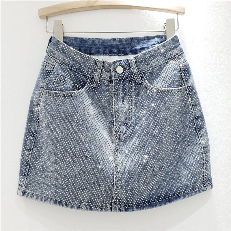 

BKQU 2025 New Rhinestone Denim Mini Skirts Women Fashion Party Club Diamonds High Waist Jean Skirt Y2K Aesthetic Korean Bottoms