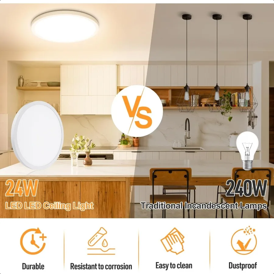 LED فلوش جبل السقف تركيب المصابيح 3000K الأبيض الدافئ 2400LM 12 بوصة 24W أضواء السقف المسطحة المستديرة 240W Equiv. مصباح لوحة غير