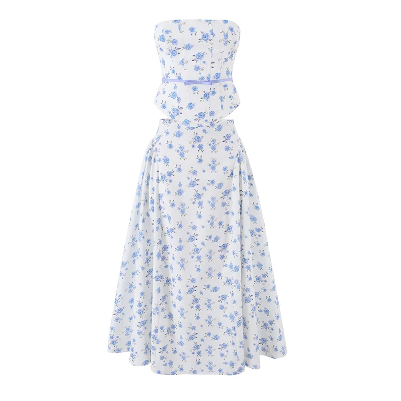 YENKYE Women's Blue Floral Strapless Corset Top Ribbon Bow Lace Up Back Summer Crop Top