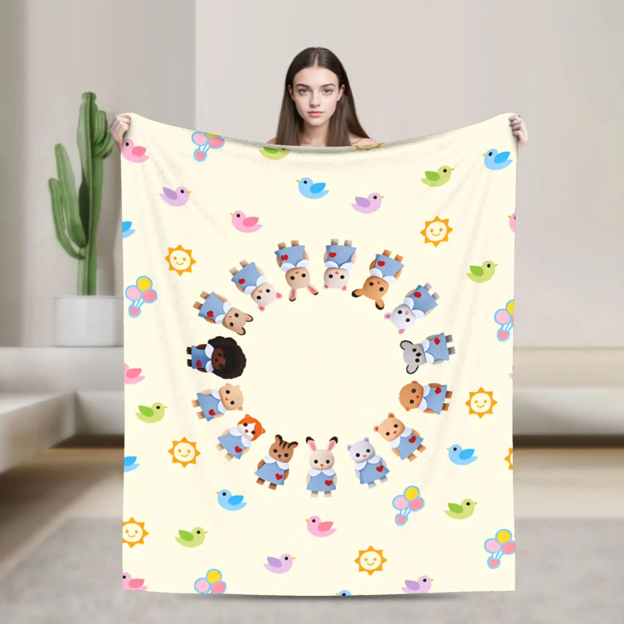 

Cute Sylvanian Families Flannel Blanket Soft Warm Throw Blanket for Couch Chair Picnic Pattern Bedspread Sofa Bed Cover