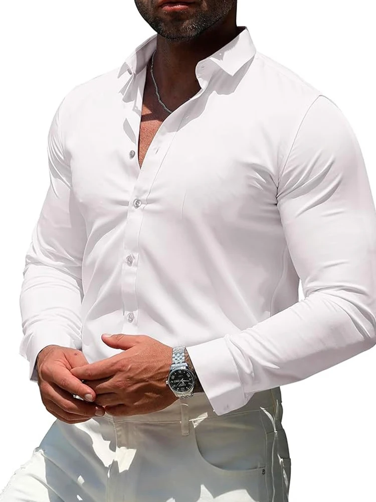 

Мужская приталенная повседневная деловая рубашка с длинным рукавом, элегантная однотонная рубашка на пуговицах, современная стильная офисная официальная одежда, модный топ