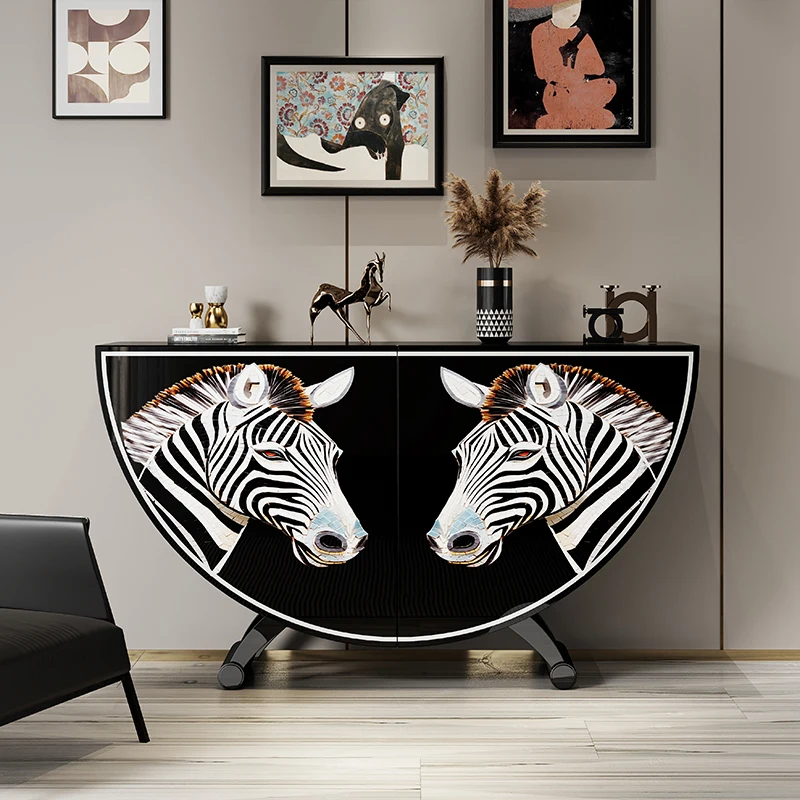 French Luxury Living Room Cabinet Designer Originality Zebra Painting Art Storage Cabinet Premium Home Furniture Vitrina FYLC