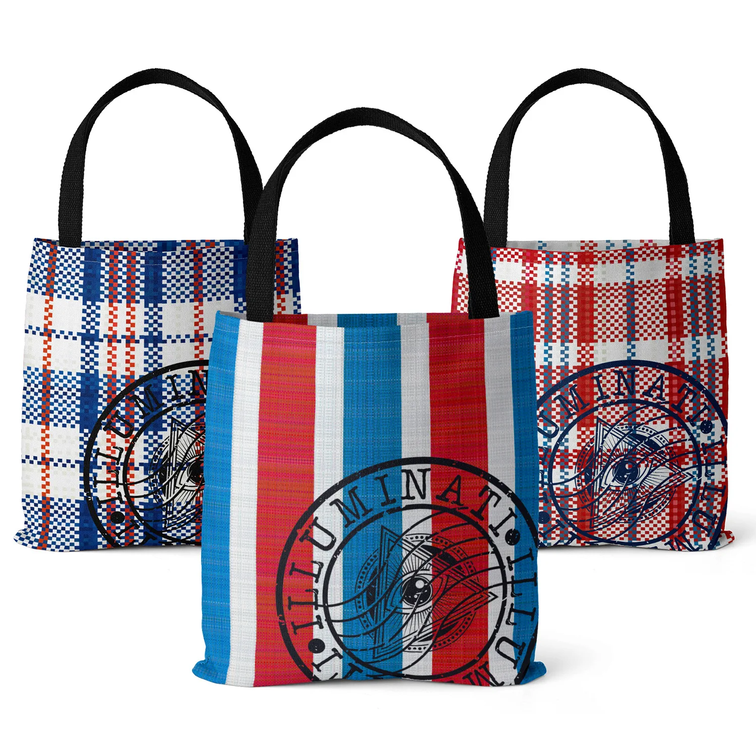 Borsa per la spesa ecologica in tela di poliestere Vintage retrò rosso blu Plaid stile francese stampa sigillo cinturino nero Tote da donna all'ingrosso